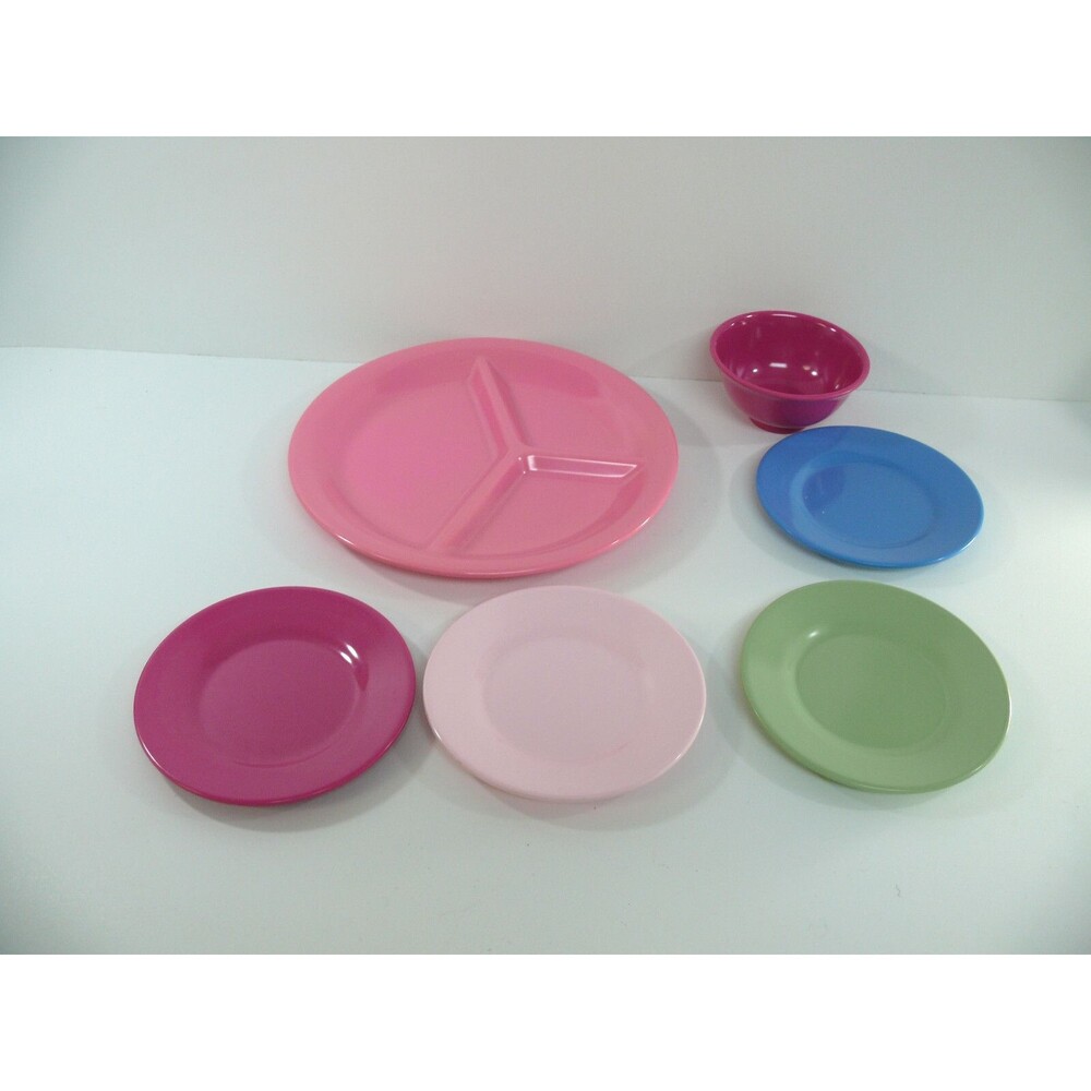 Pottery Barn Kids Melamine Dishes solid Multi Colors 4 Plates & 1 bowl 1 divided